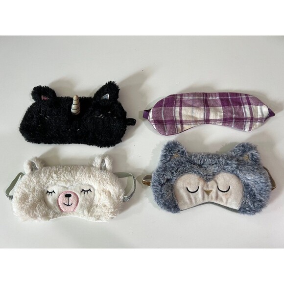 4 Kids Child Sleeping Animal Eye Masks  - Unicorn, Bear, Cat, Purple Plaid - Picture 1 of 2